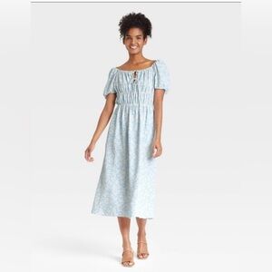 Who What Wear Milk Maid Blue White Ditsy Floral Midi‎ Dress, Size Medium